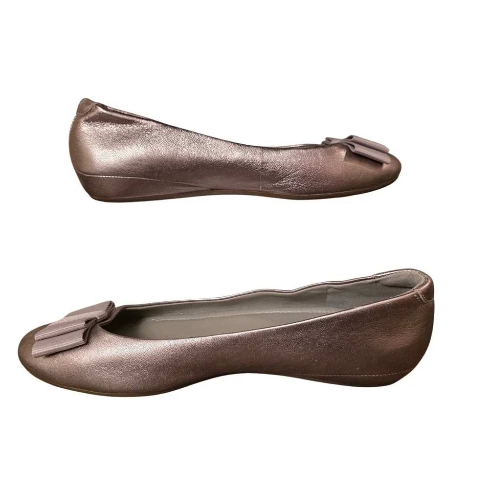 Y2K ECCO Shape Rose Gold‎ Metallic Leather Bow Ballet Flats Womens Size 6.5